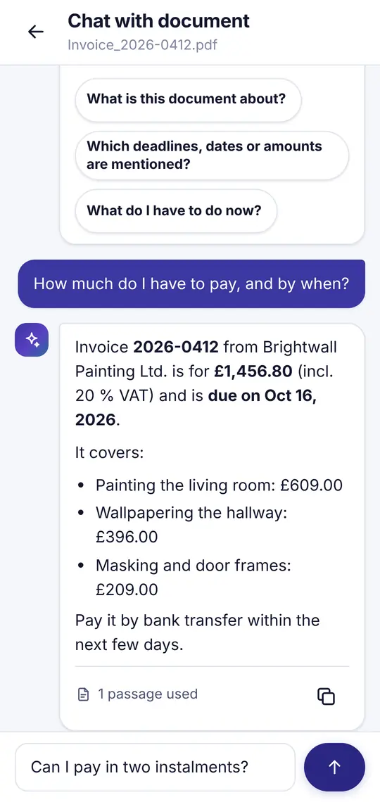 AI assistant answering a question about an invoice with a page reference