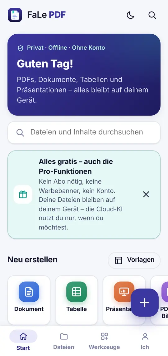 Startbildschirm der App FaLe PDF mit dem Hinweis „Alles gratis – auch die Pro-Funktionen“