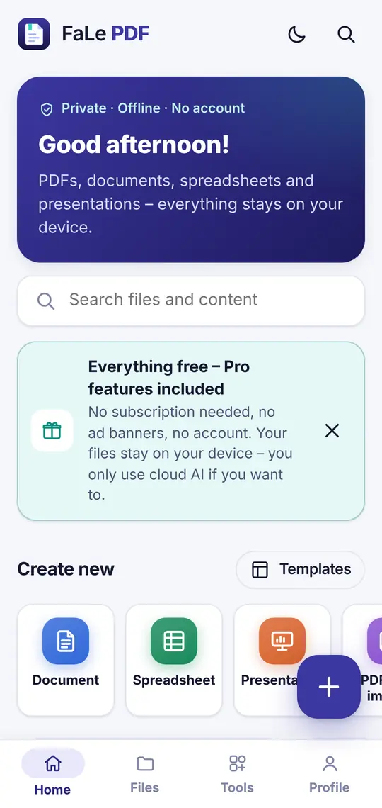 FaLe PDF home screen with the note “Everything free – including pro features”