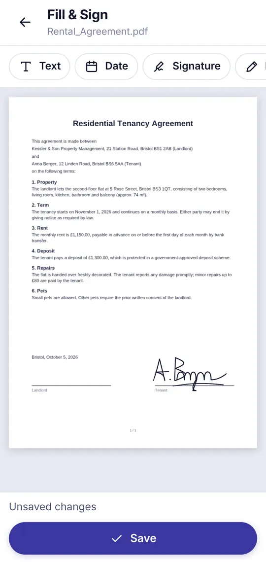 Rental agreement with an inserted signature in FaLe PDF