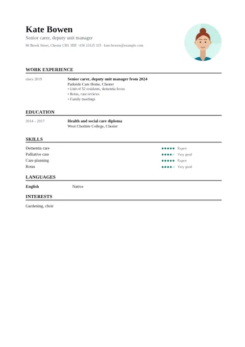 Preview of the CV of Kate Bowen in the Classic design