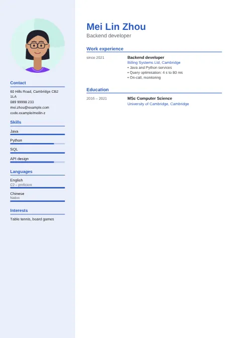 Preview of the CV of Mei Lin Zhou in the Modern design