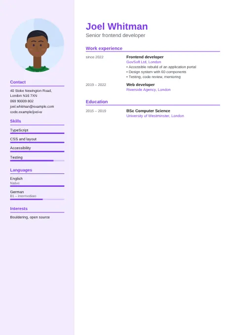 Preview of the CV of Joel Whitman in the Modern design