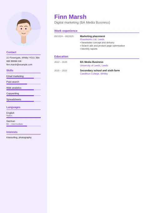 Preview of the CV of Finn Marsh in the Modern design
