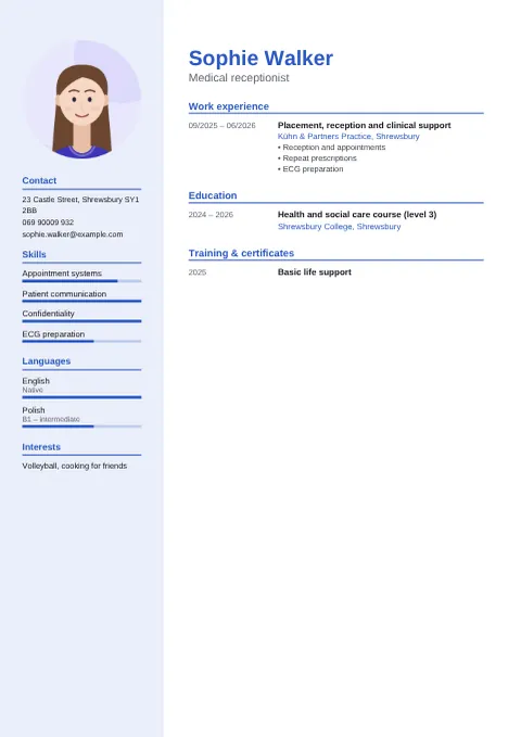Preview of the CV of Sophie Walker in the Modern design