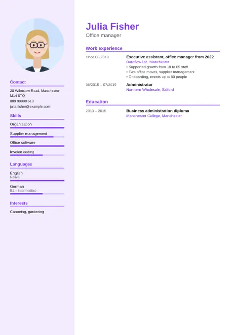 Preview of the CV of Julia Fisher in the Modern design
