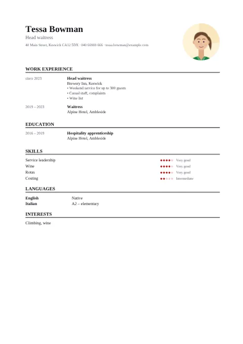 Preview of the CV of Tessa Bowman in the Classic design