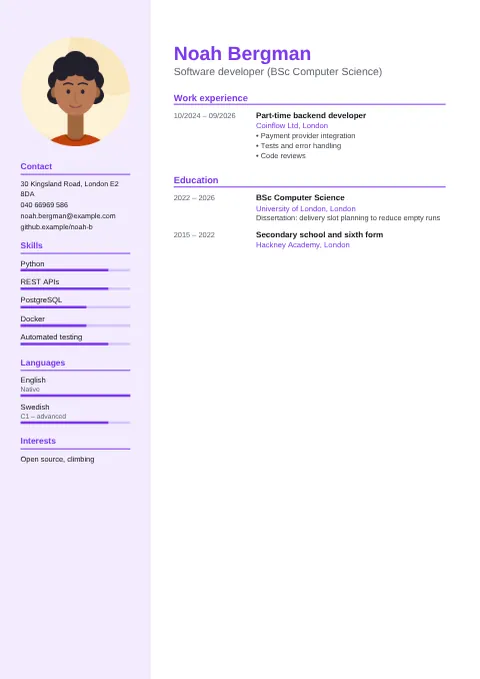 Preview of the CV of Noah Bergman in the Modern design