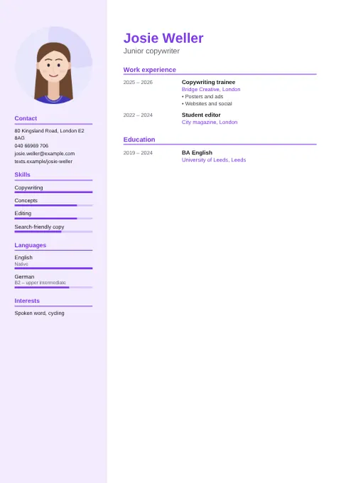 Preview of the CV of Josie Weller in the Modern design