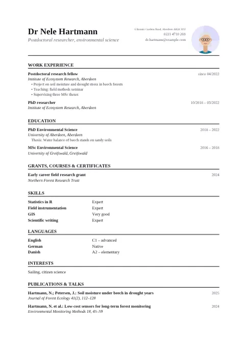 Preview of the “Academic” CV design with sample details