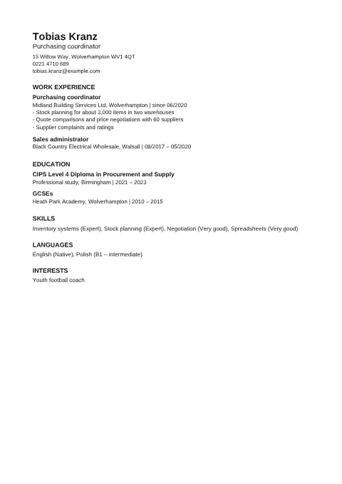 Preview of the “ATS-friendly” CV design with sample details
