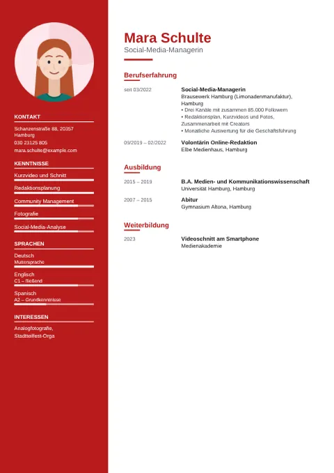 Vorschau des Lebenslauf-Designs „Kreativ“ mit Beispieldaten