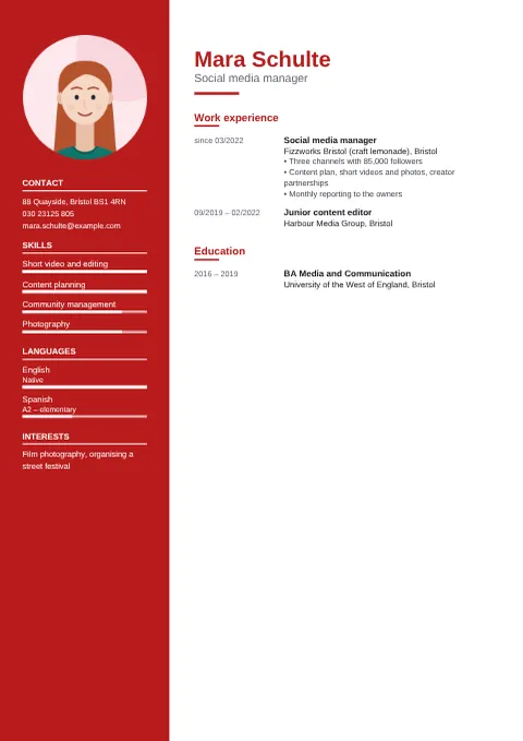 Preview of the “Creative” CV design with sample details