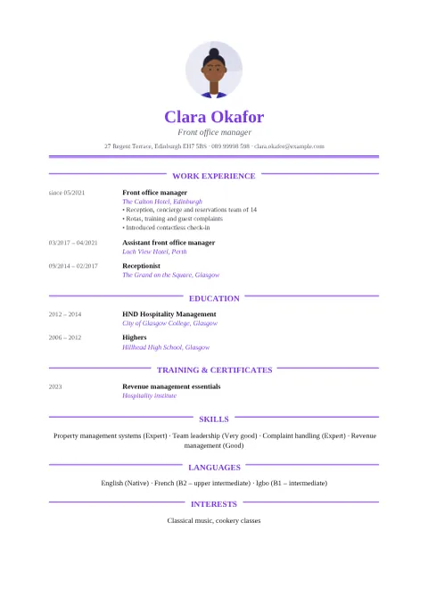 Preview of the “Elegant” CV design with sample details