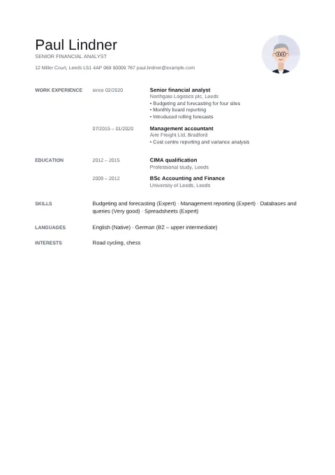 Preview of the “Minimal” CV design with sample details