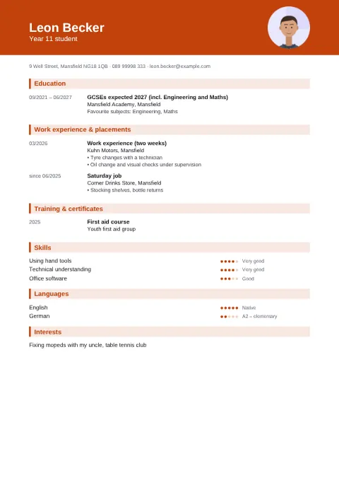 Preview of the “School leaver” CV design with sample details