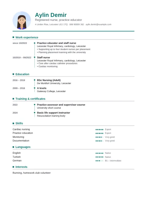 Preview of the “Timeline” CV design with sample details